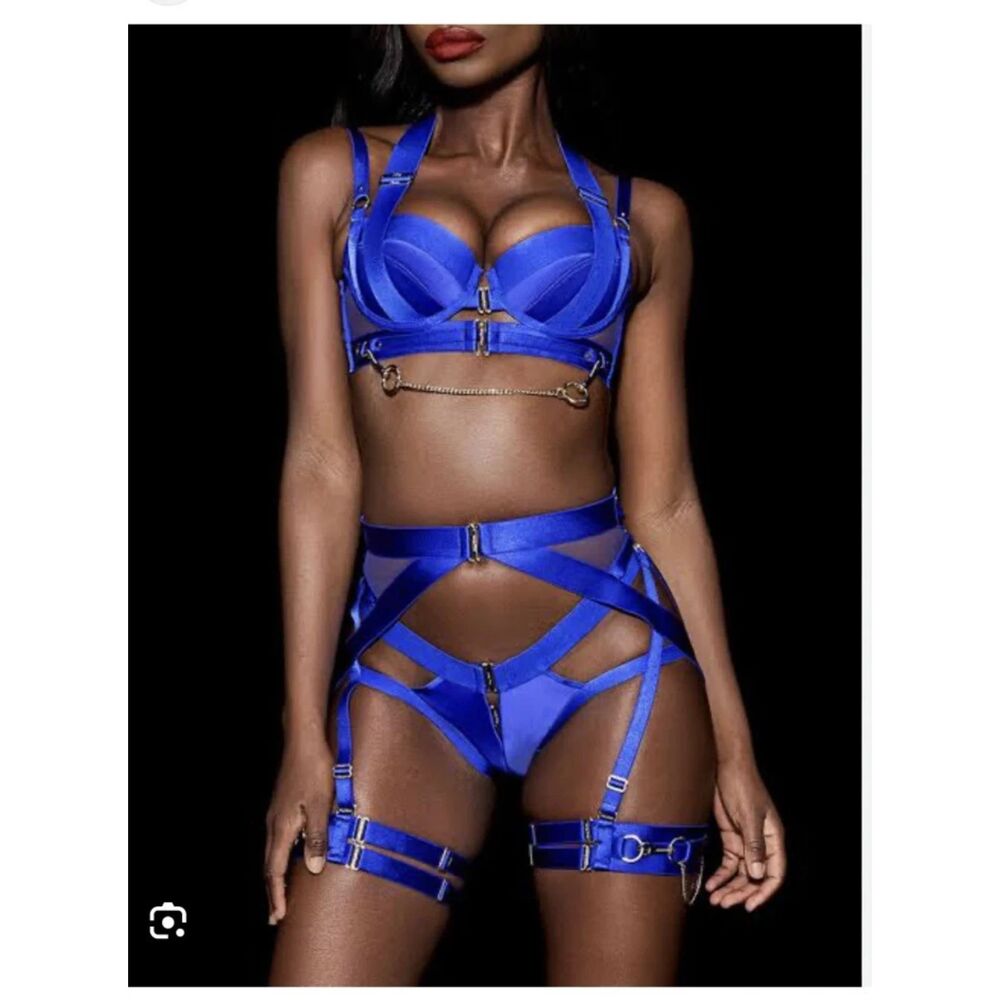 Honey Birdette Kukuro Cobalt Blue Thong and Garter Set